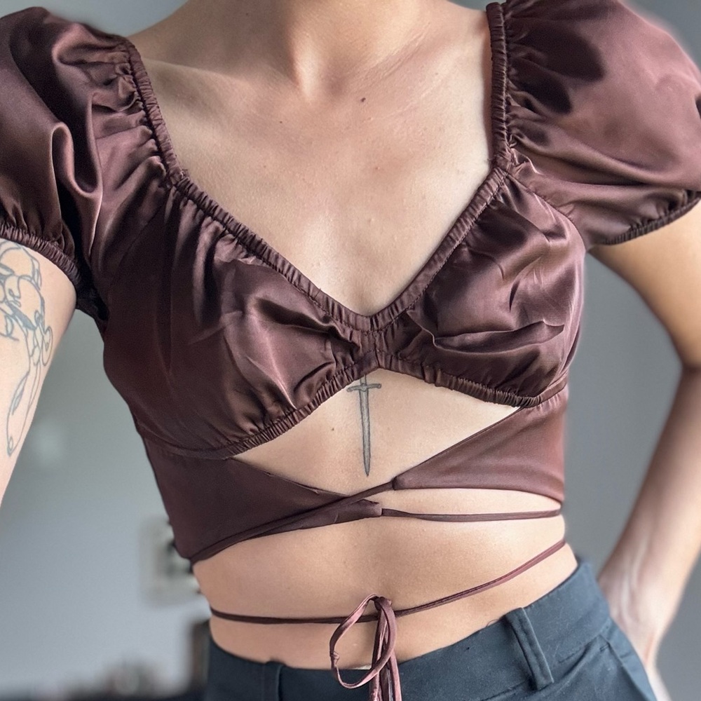 Brown “silk” Wrap Crop Top